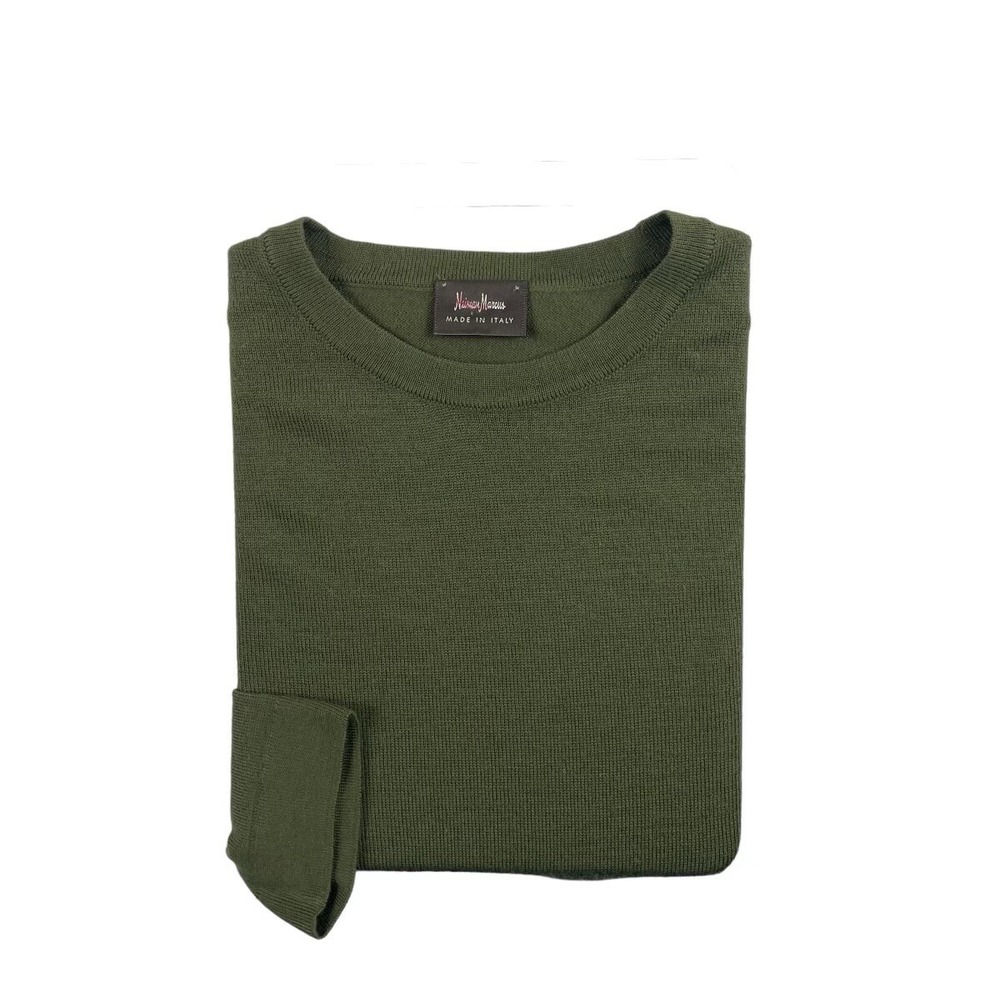 Neiman Marcus Green Pure Superfine Wool Mens Mockneck Sweater Size L Italy